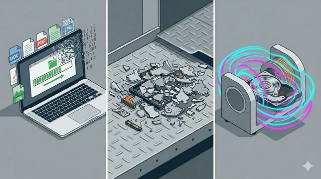 Drie methoden van datavernietiging die Vareza via partners aanbiedt: data-erasure (wipe), fysieke shredding en degaussing