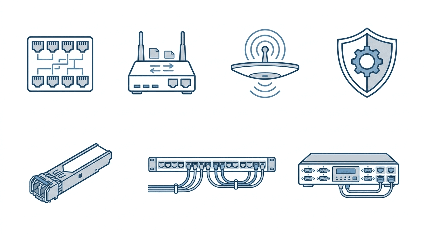 Netwerkapparatuur categorieën die Vareza opkoopt: switches, routers, access points, firewalls, transceivers en patch panels