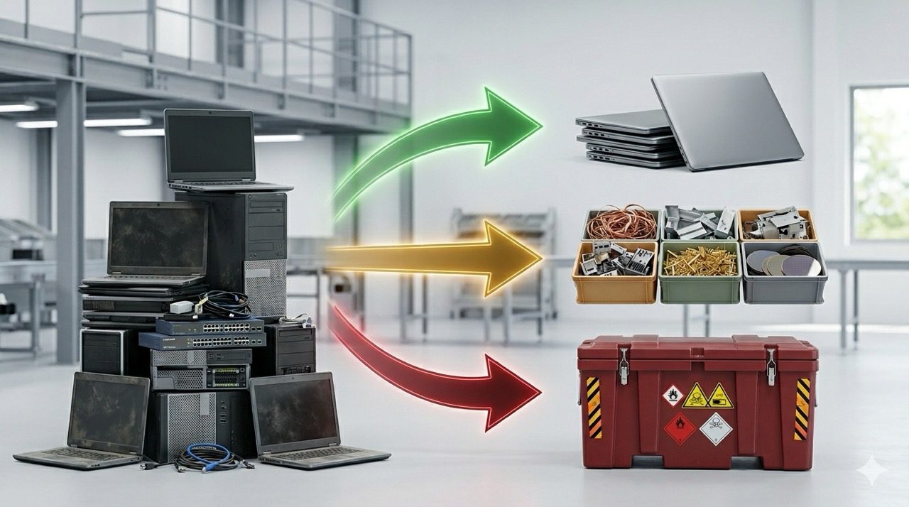 E-waste verwerkingsproces voor IT-hardware met drie bestemmingen: refurbishment, materiaalterugwinning en gevaarlijke stromen