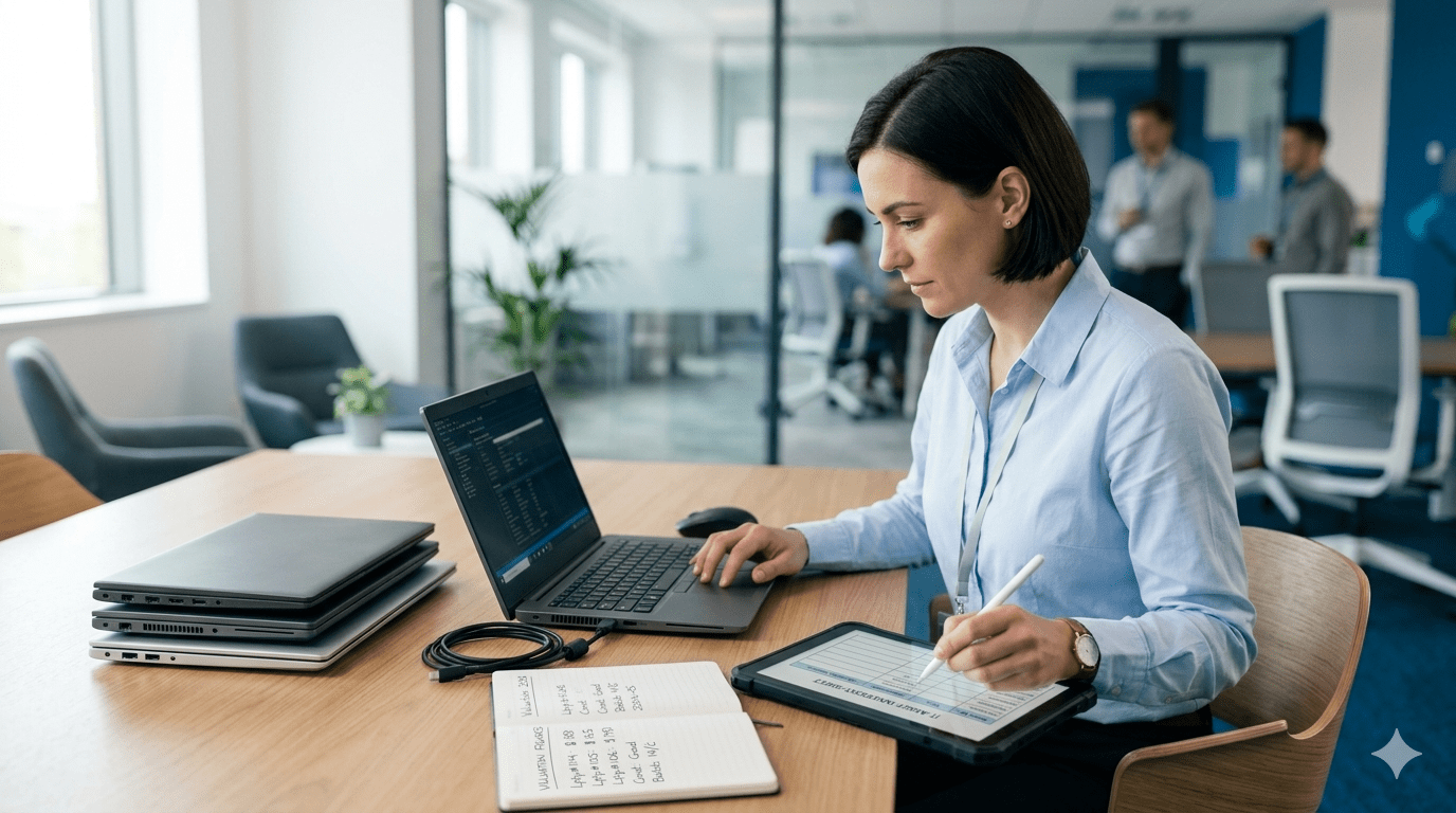 IT-specialist van Vareza inventariseert en taxeert zakelijke laptops voor opkoop, met aantekeningen en hardware op het bureau
