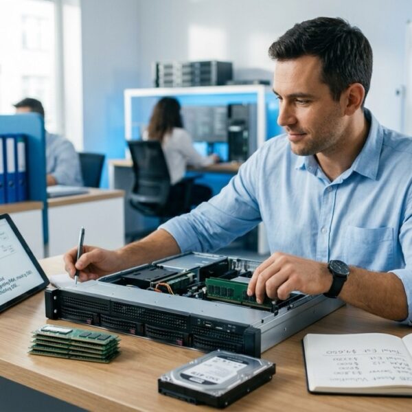 Vareza taxeert oude IT-hardware: server-componenten en notitieblok met waardebepaling tijdens de inventarisatie voor verkoop