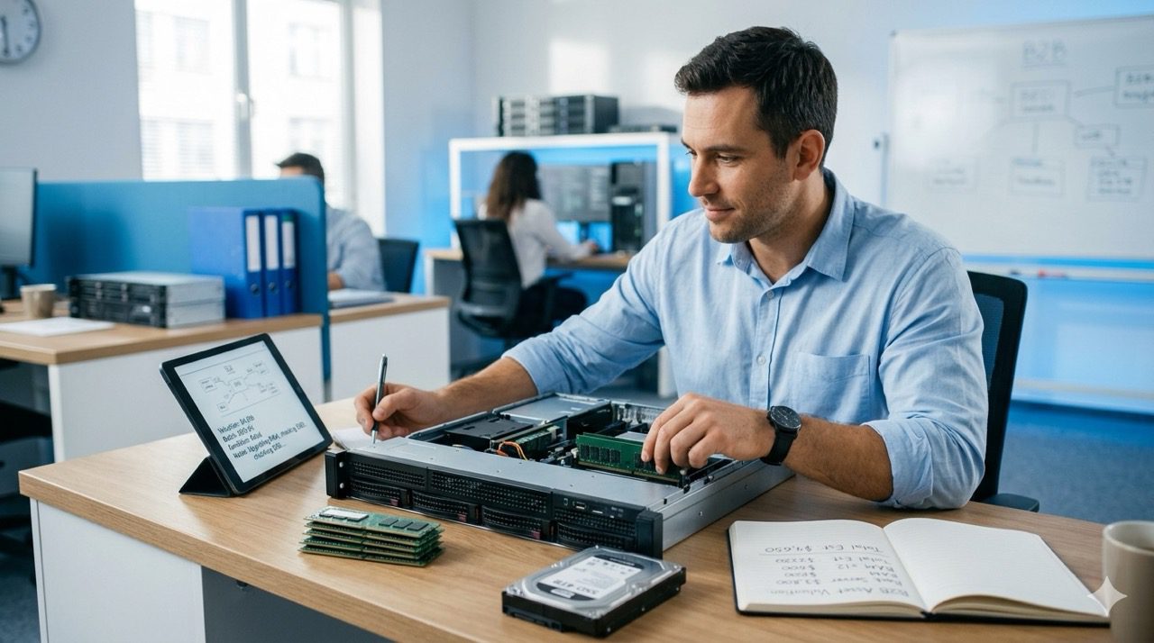 Vareza taxeert oude IT-hardware: server-componenten en notitieblok met waardebepaling tijdens de inventarisatie voor verkoop