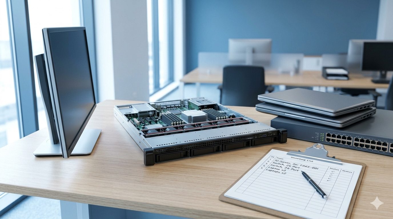 Inventarisatie van oude IT-hardware bij Vareza: server, laptops, switch en monitor klaar voor taxatie en verkoop