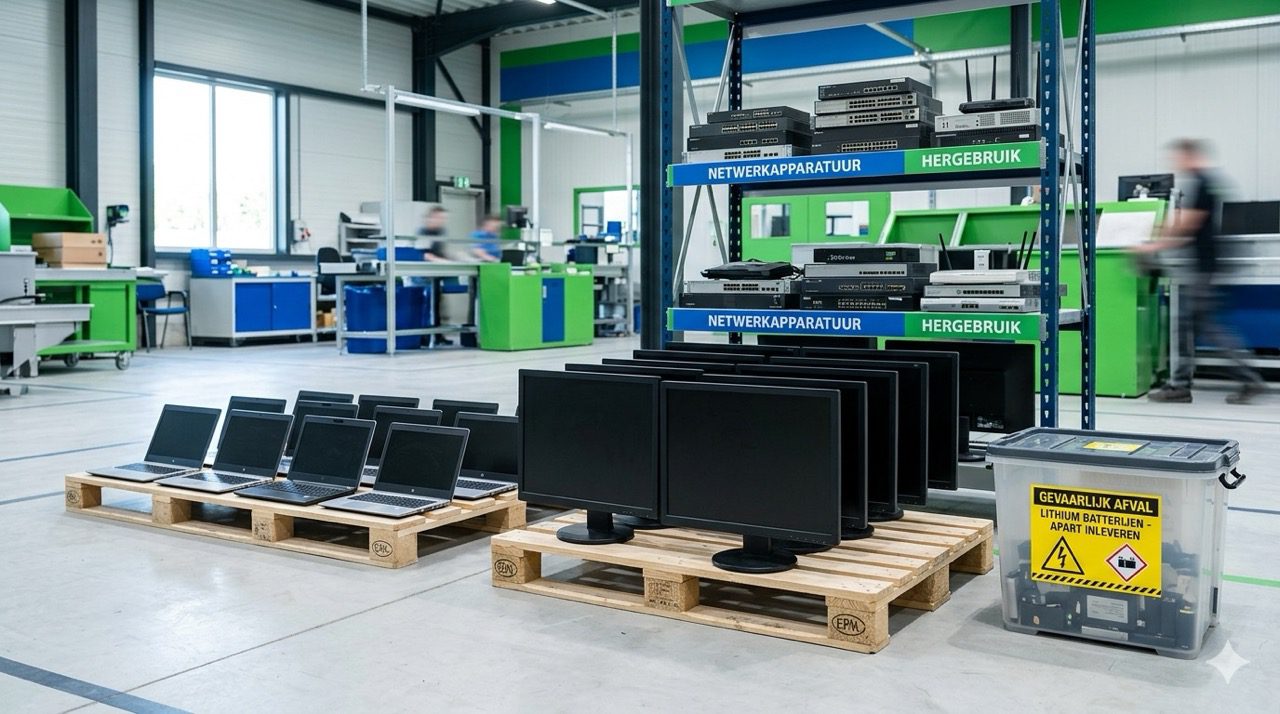 Zakelijke e-waste gesorteerd: laptops, monitoren en netwerkapparatuur klaar voor verwerking via Vareza's gecertificeerde partners