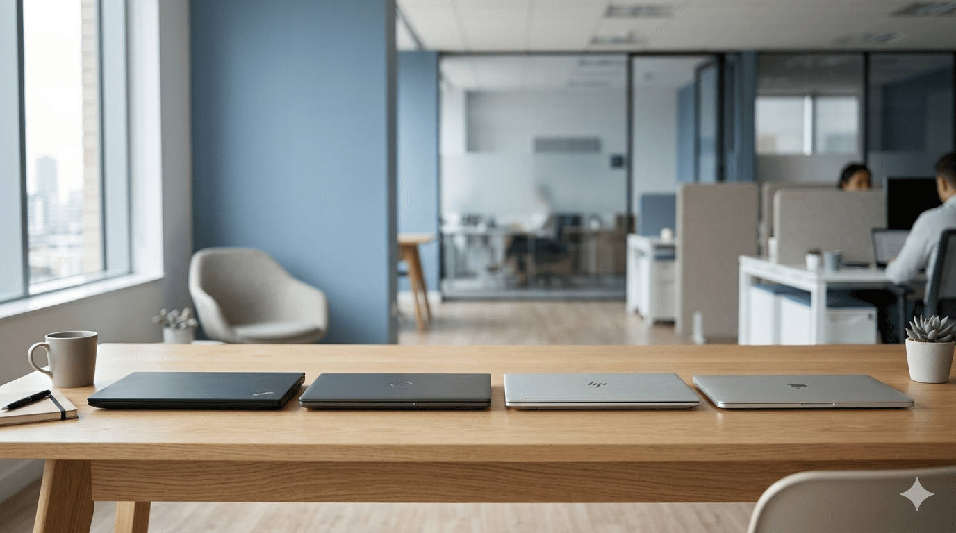 Zakelijke laptops van Dell, HP, Lenovo en Apple op een houten bureau, klaar voor taxatie en opkoop door Vareza