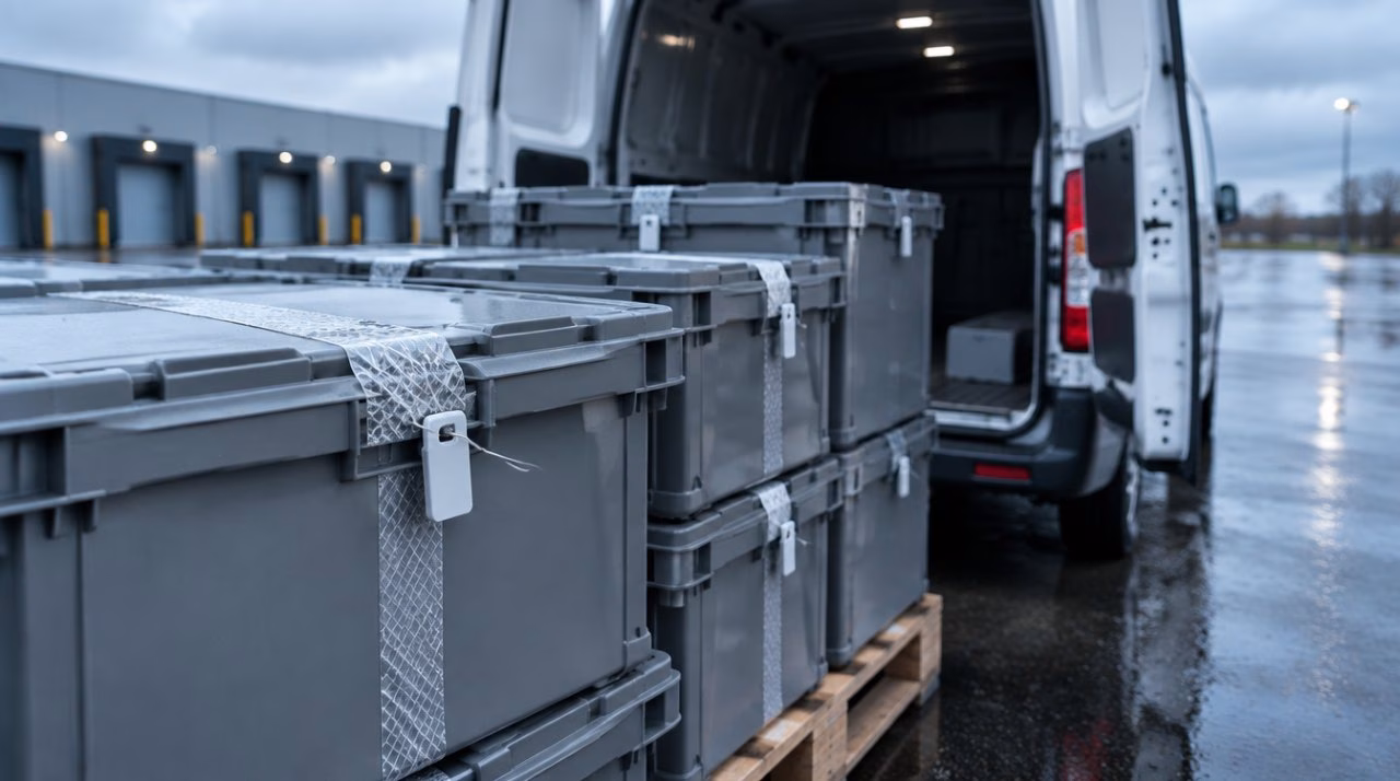 Chain of custody in de praktijk: verzegelde transportkratten op een pallet bij de laadklep van een bestelbus