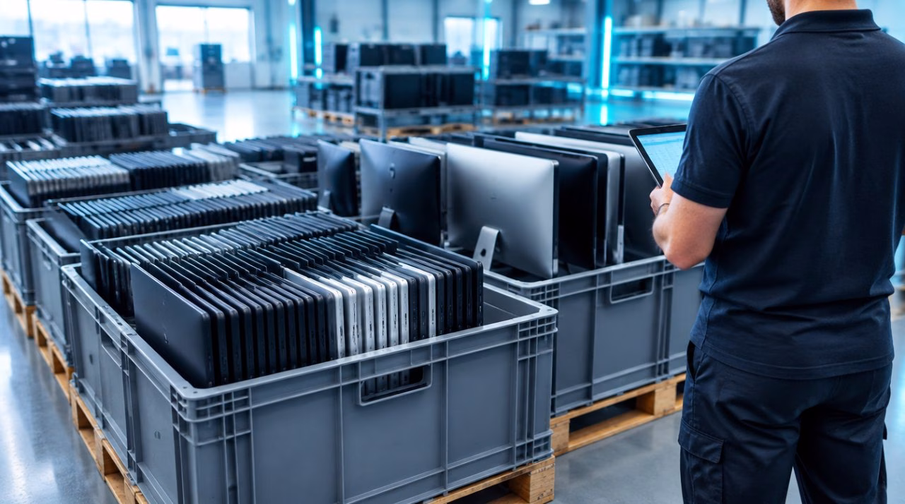 IT Asset Disposition in de praktijk: gebruikte zakelijke laptops en all-in-one computers in kratten op een pallet, klaar voor inventarisatie