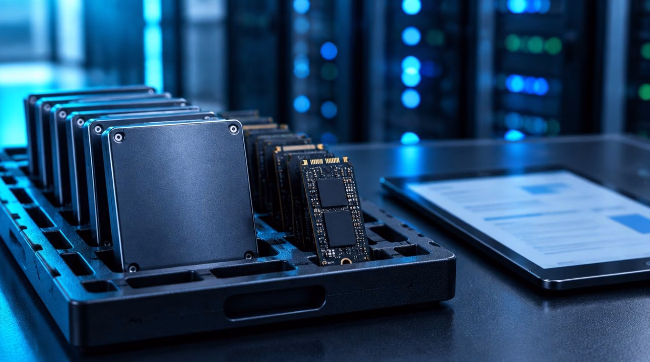 SSD's en NVMe-dragers in een antistatische houder ; per drager volgt een vernietigingscertificaat