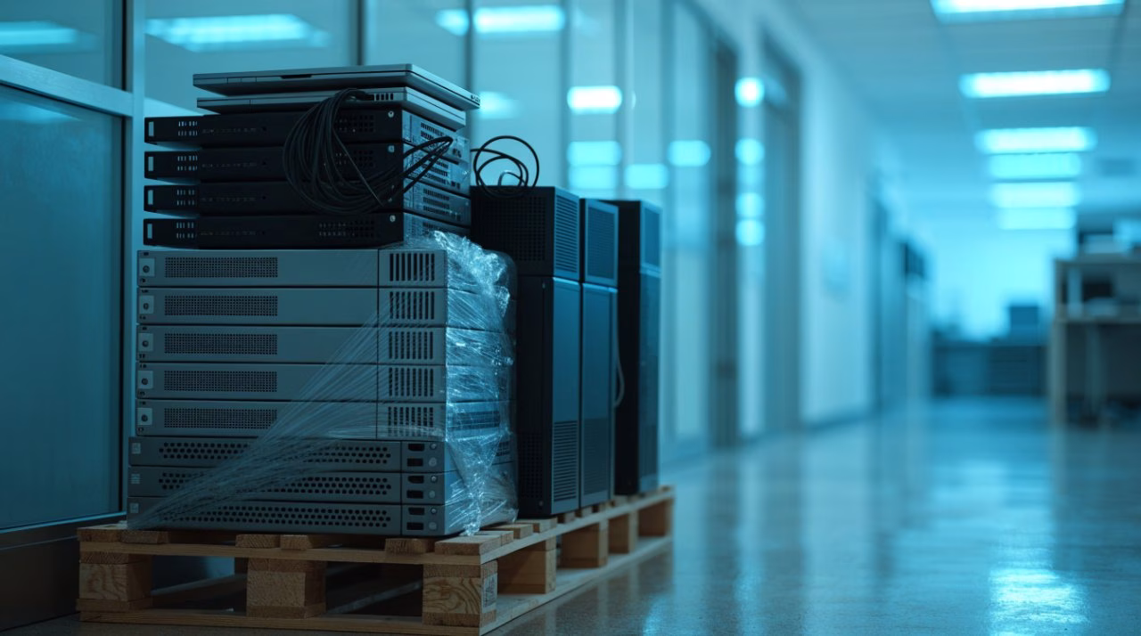 Afgeschreven servers, switches en laptops klaargezet op een pallet voor ophalen
